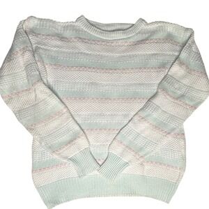 Vtg JOHN ASHFORD Striped Crew Neck Cotton Sweater Mens L Pastel Aqua Pink White